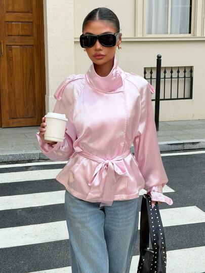 Muchica Women's Pink Satin Belted Peplum Jacket, Stand Collar Elegant Lightweight Coat For Chic Casual Fall Streetwear And Night Out Outfits