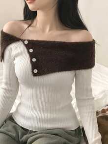 DAZY Women's Colorblock Off-Shoulder Casual Daily Long Sleeve Sweater Fall - White - View 7