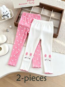 SHEIN 2pcs/Set Legging Balita Perempuan, Merah Muda & Putih, Bahan Fleece Satu Potong dengan Pinggiran Bergelombang, Motif Hati & Kelinci, Gaya Sederhana, Kasual, Nyaman, Lembut, dan Serbaguna, Musim Semi/Musim Gugur/Musim Dingin - MultiWarna - View 1