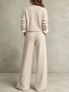 SHEIN Women New Chinese Style Frog Button Knit 2 Pieces Outfit, Long Sleeve Cardigan And Wide Leg Pants Kni - Apricot - View 2