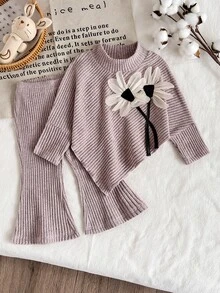 SHEIN Playful Pals 女嬰春夏秋冬休閒親子套裝 T-shirt，不對稱套頭長袖高領刷毛淺粉色羅紋布料 3D 花朵 - 粉色 - 查看 5
