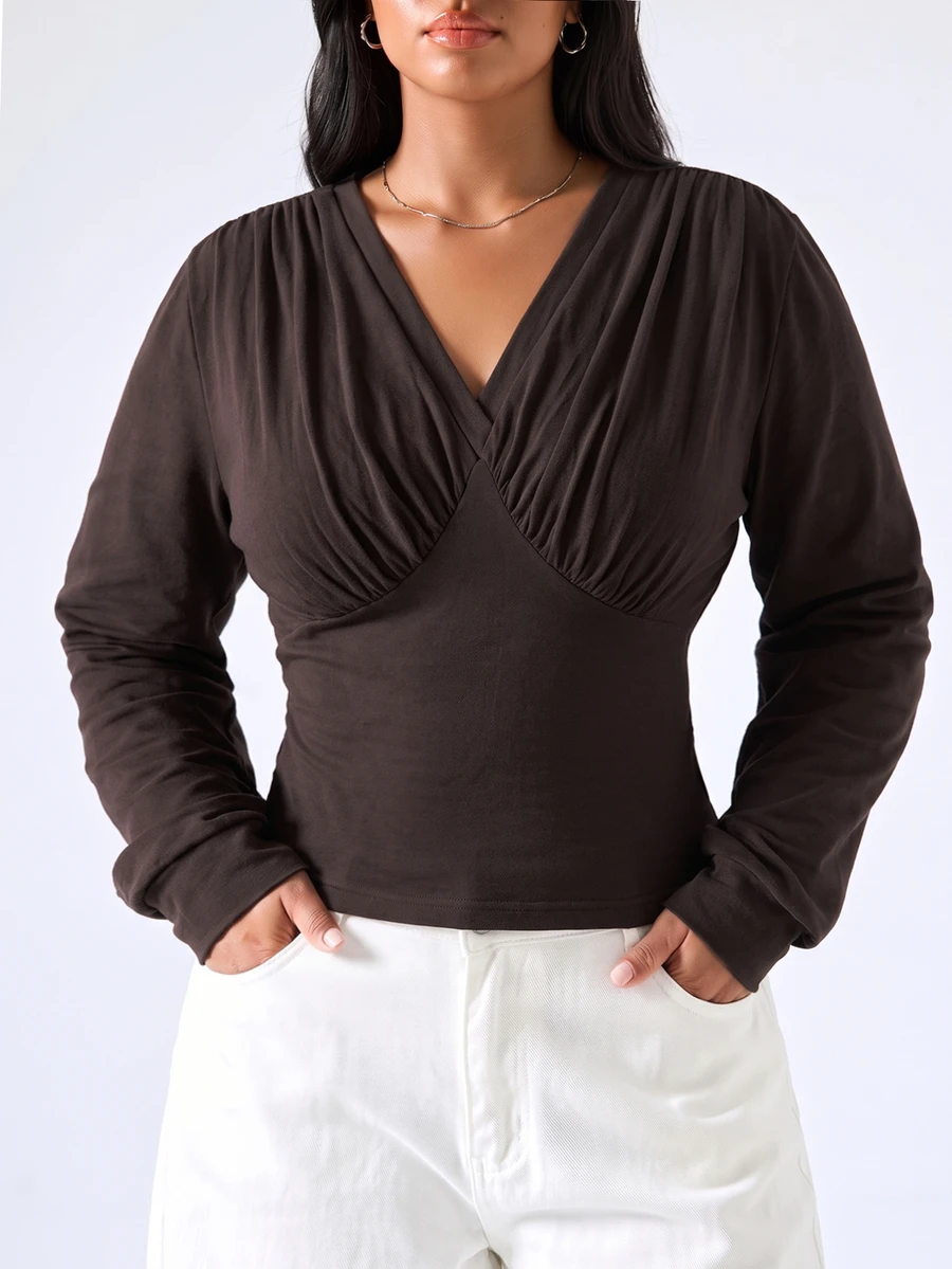LYSMO Brun långärmad T-shirt för kvinnor i plus size, höst/vinter - Brun - Visa 1