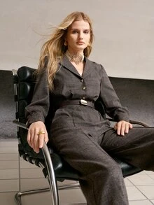 MOTF PREMIUM WOMEN'S ELEGANT AUTUMN/WINTER JUMPSUIT WITH MOTTLED PATTERN, COLLAR, BUTTON HALF-PLACKET AND LONG SLEEVES - Khaki - View 7