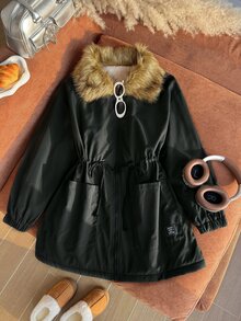 CovetEZ Plus Size Women's Faux Fur Collar Long Sleeve Drawstring Waist Zipper Front Casual Winter Jacket - Army Green - View 5
