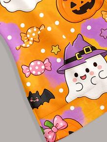 PopScrub Fun Halloween Pumpkin Ghost Orange & Purple Contrast Color Ghost Candy Doctor Nurse Scrub Uniform Top - Multicolor - View 4