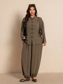 Elaquor Women's Plus Size Solid Color Long Sleeve Button Front Shirt And Wide Leg Pants Casual 2 Pieces Set Fall/Winter Casual Daily Going Out Office Sets - Army Green - View 5