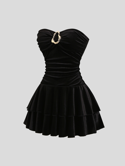 Sweetra Vestido Bandeau de Veludo com Fivela de Metal Estilo Bolo