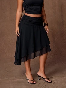 Rustia Plus Size Polka Dot Asymmetrical Hem A-Line Elegant Romantic Skirt - Black - View 4