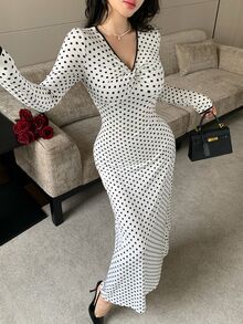Feyla Women's French Polka Dot Print Pleated V-Neck Dress - White - View 4