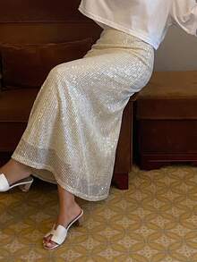 DAZY Nude Fine Sequin Elastic Waist Fully Lined Fashion Skirt - Gold - View 7