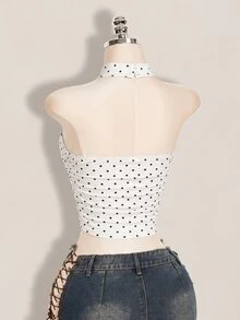 SHEIN ICON 女款波點印花修身休閒掛脖背心 - 白色 - 查看 12
