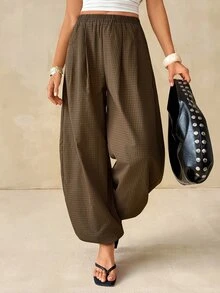 SHEIN Tall Tall Women's Brown Plaid Pattern Lantern Pants, Fashion, Casual, And Commuter Style - Brown - View 1