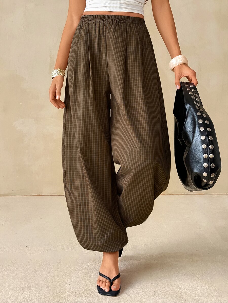 SHEIN Tall Tall Women's Brown Plaid Pattern Lantern Pants, Fashion, Casual, And Commuter Style - Brown - View 1