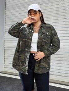 StreetHx 大尺碼街頭迷彩印花鈕扣長袖牛仔襯衫 - 彩色 - 查看 1