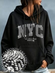 SHEIN MOOSTA Plus Size Women's Slogan Letter 'NYC ALL GIRLS TEAM SPORTS CLUB' City Name Graphic Print Thermal Drawstring Sweatshirt Winter Fall Autumn - Black - View 1