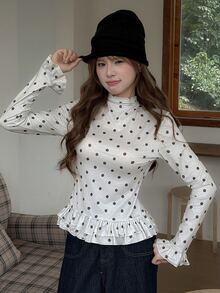 K-Vae Women's Korean Style Preppy Vintage Polka Dot Long Sleeve Top, Autumn Double Layer Ruffle Hem Bell Sleeve Slim Fit Base Layer T-Shirt - Apricot - View 5