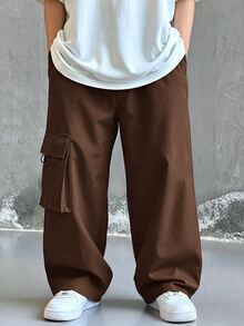 SHEIN 兒童青少年男孩休閒日常舒適工裝直筒寬鬆長褲，黑色工裝褲，新年款，6-7歲適用，適合外出、約會、上學，春秋秋冬四季穿著 - 棕色 - 查看 2