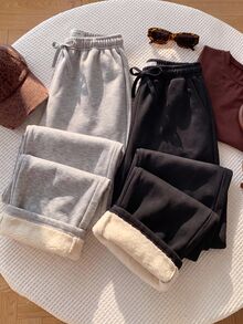 SHEIN EZwear 秋冬女款保暖內裡加厚寬鬆休閒寬腿運動褲2件套，買1送1，超保暖，適合日常通勤、約會、派對、秋冬、夏季、婚禮、海灘、畢業典禮，優雅休閒，適合外出，Y2K風格，聖誕節等 - 彩色 - 查看 6