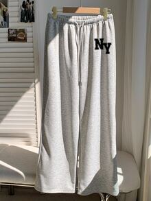 SHEIN EZwear 女款休閒保暖內裡直筒運動長褲，麻灰運動長褲，女款秋冬服飾，滑雪套裝 - 彩色 - 查看 4