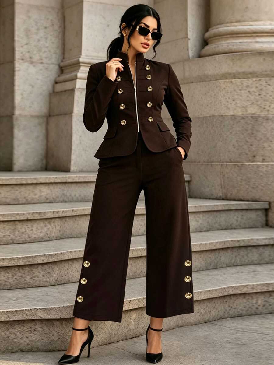 Velvienne Vintage Royal Style Coffee Brown Stand Collar Gold Button Blazer Set For Women, Waist-Cinching Zipper Jacket With Side Metal Buckle Wide Leg Pants, 2 Pieces Set, Plus Size - Brown - View 1