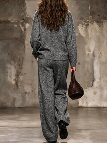 LUMIGAL Women's 2pcs Set: Mixed Yarn Crew Neck Drop Shoulder Long Sleeve Loose Sweater Top & Elastic Waist Drawstring Wide Leg Pants, Slouchy - Grey - View 2