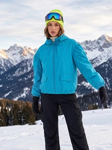 SHEIN BASICS جاكيت رياضي نسائي بسيط بسحاب وأكمام طويلة وغطاء رأس للخارج مقاوم للرياح - الأزرق - مشاهدة 7