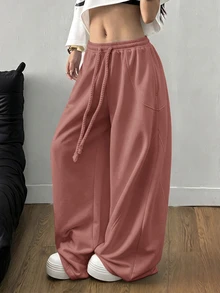 SHEIN Tall CURVE 大尺碼女款街頭風外出套裝 彈性腰頭 舒適灰色 - 紅木色 - 查看 4