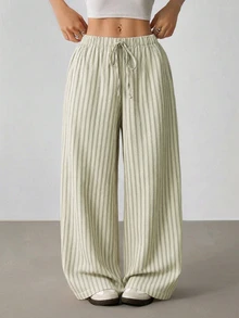 SHEIN PETITE Women's Striped Drawstring Waist Casual Daily Long Pants - Mint Green - View 8