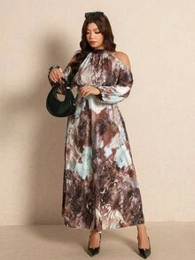 Elaquor Gaun Pesta Kasual Wanita Ukuran Besar dengan Motif Cetak Seluruh Permukaan - MultiWarna - View 4