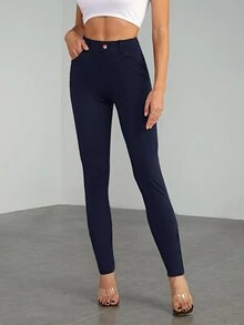 SHEIN Tall 女款休閒極簡純色高腰修身長褲 - 藏蓝色 - 查看 8