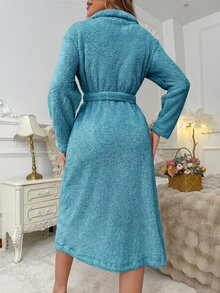 SweetSlumber Women's Pink Heart Embroidered Plush Long Robe, Autumn/Winter Loungewear - Navy Blue - View 2