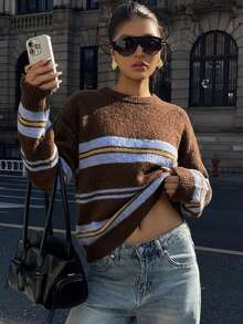 DAZY Women's Round Neck Striped Loose Fit Sweater - Brown - View 5