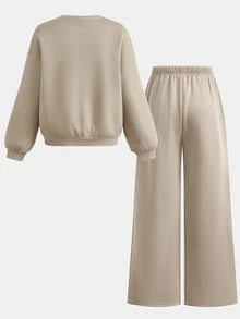 SHEIN 青少年女孩卡其色寬鬆運動衫套裝，字母印花兩件套，加厚秋冬新款休閒日常百搭 - 卡其色 - 查看 2