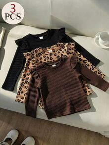 SHEIN 3件組女童幼兒秋冬時尚嬰兒粉 + 經典純黑色荷葉袖圓領長袖基礎層T恤返校上衣 - 彩色 - 查看 10
