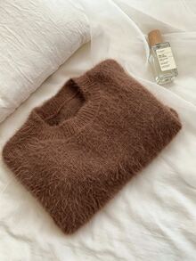 Genkimix Kids Young Girl Sweater, Fuzzy Brown Crewneck Long Sleeve Solid Knit Pullover - Brown - View 5