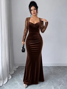 SHEIN Elenzya Elegantes Damenkleid mit schmaler Passform, plissiert, Spitze, Patchwork, einfarbig, gestrickt, langärmelig, Herbst/Winter, Damenkleid, lässig Frühling/Herbst, geeignet für Damentreffen, Dates, Arbeitsweg, tägliche Kleidung Herbst/Winter, Abschlusszeit, Weihnachten, Neujahr, Abschlussfeier, Lehrertag, Thanksgiving, Damenkleid mit langen Ärmeln - Braun - Übersicht 5