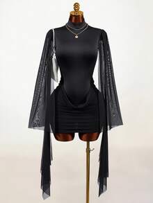 Mistrie Women's Contrast Mesh Bell Sleeve Pleated Fashion Sexy Backless Dress - Black - View 6