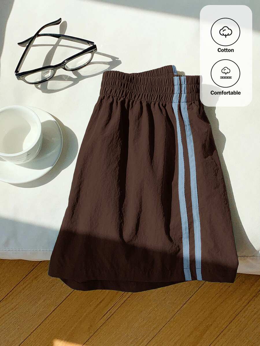 Comfortcana Women's Elastic Waist Striped Casual Shorts - Brown - View 1