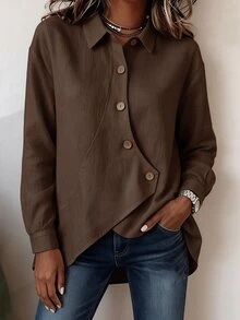 Zayélia French Style Asymmetrical Long Sleeve Shirt, Washed Textured Cotton Linen, Casual Commute Style, Misaligned Diagonal Collar With Contrast Color Wooden Buttons Design, Asymmetrical Hem, Loose Shoulder To Hide Body Shape, Versatile And Slimming - Brown - View 4