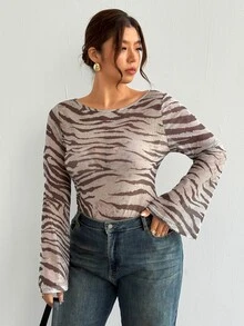 Firerie Plus Size Women's Animal Zebra Print Mesh Flare Sleeve Fitted Top Fall, Fall/Winter, Thanksgiving, New Year - Multicolor - View 6
