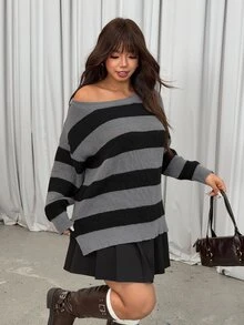 GalTyme Plus Size Women's Autumn/Winter Colorblock Striped Pattern Drop Shoulder Loose Fit Split Hem Long Pullover Sweater - Grey - View 4