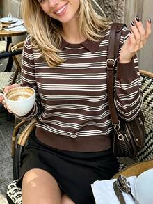 INAWLY Sweater Pullover Berkerah Henley Bergaris Berlapis untuk Komuter, Bisnis, Serbaguna, Harian, Kencan, Kantor - Coffee Brown - View 5