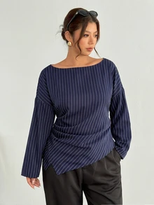 Firerie Kemeja Pullover Lengan Panjang Bergaris Biru & Putih Ukuran Plus dengan Lipatan Pinggang Leher Perahu untuk Musim Gugur/Dingin/Pakaian Kerja - Blue and White - View 6