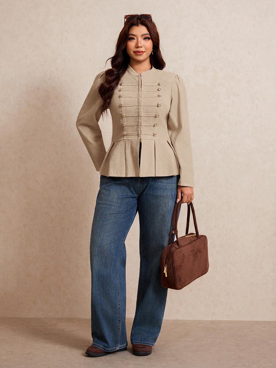 Elaquor Plus Size Women's Long Sleeve Button Design Pleated Hem Casual Jacket Fall - Apricot - View 1