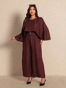 Elaquor Plus Size Women's Fashion Solid Color Belted Cape Wide Leg Jumpsuit - Burgundy - View 5