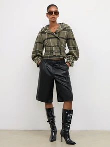 Maija Women's Plaid Double-Breasted Long Sleeve Hooded Trench Coat,Going Out Outfis - Green - View 2
