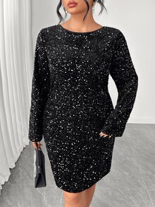 Elenzga Plus Size Party Dress With Large Scoop Neck, Back Bowknot, Flared Sleeves, Straight Loose Fit And Sequin - Black - View 4