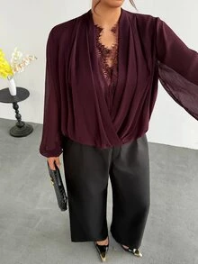 Firerie Plus Size Women's Lace Patchwork Casual Daily Wear Blouse - Red Violet - View 4