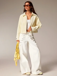 Athîral Women's Relaxed Cream Yellow PU Jacket,Textured Finish,Zip Front,Pockets,Solid,Fall,Quiet Luxury Minimalist,Minimal Streetwear,Daily Outings Everyday - Light Yellow - View 2