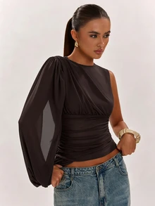 SHEIN BAE Women's Autumn Olive Green Elegant One-Shoulder Asymmetrical Ruched Puff Sleeve Top, Suitable For Commuting, Casual, - Coffee Brown - View 6